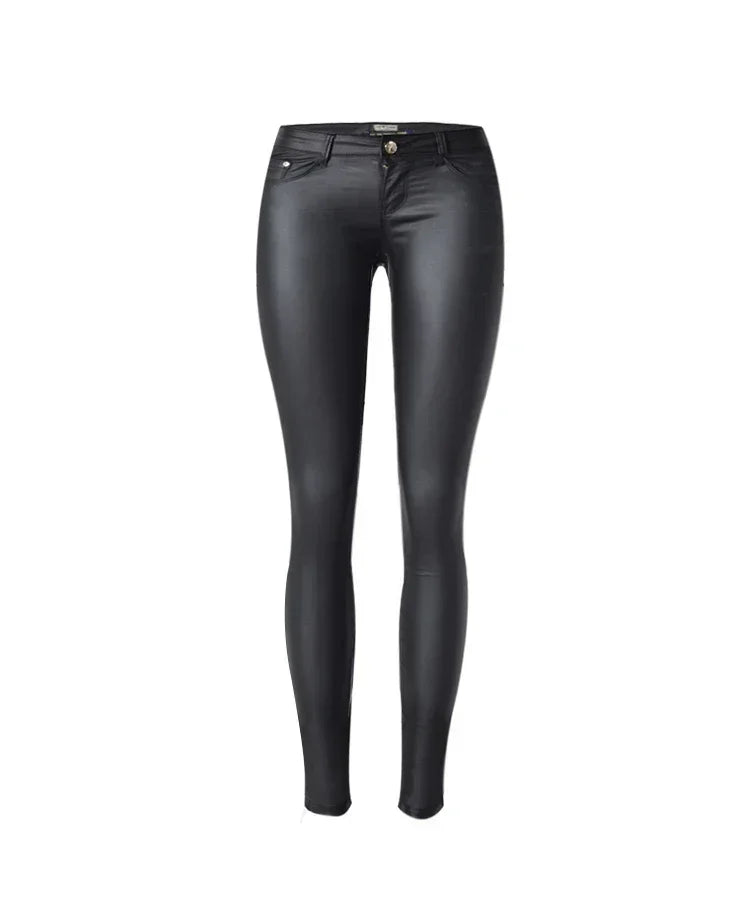 Damen-Lederhose mit niedrigem Bund – Stretch-PU-Kunstleder Bleistifthose